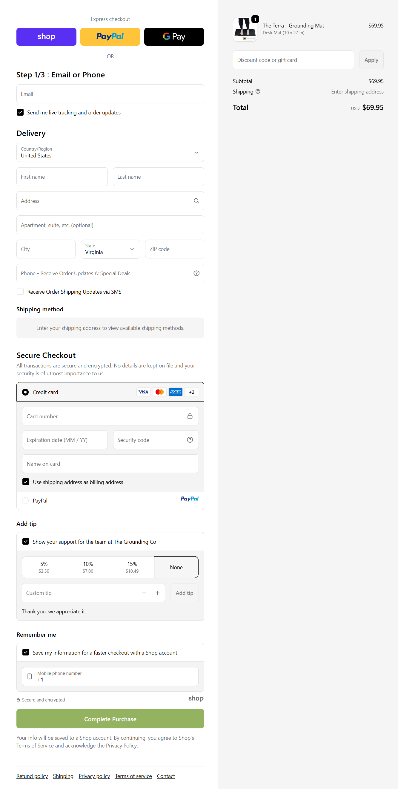 Terra Grounding Mat checkout page